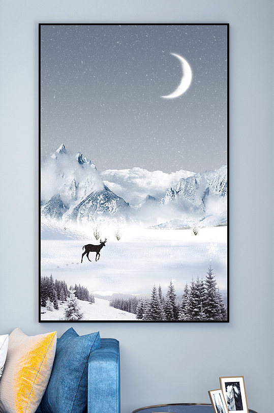 雪山与鹿森林装饰画-众图网
