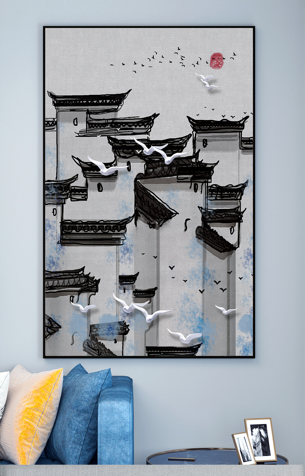 亭台楼阁飞鸟装饰画素材