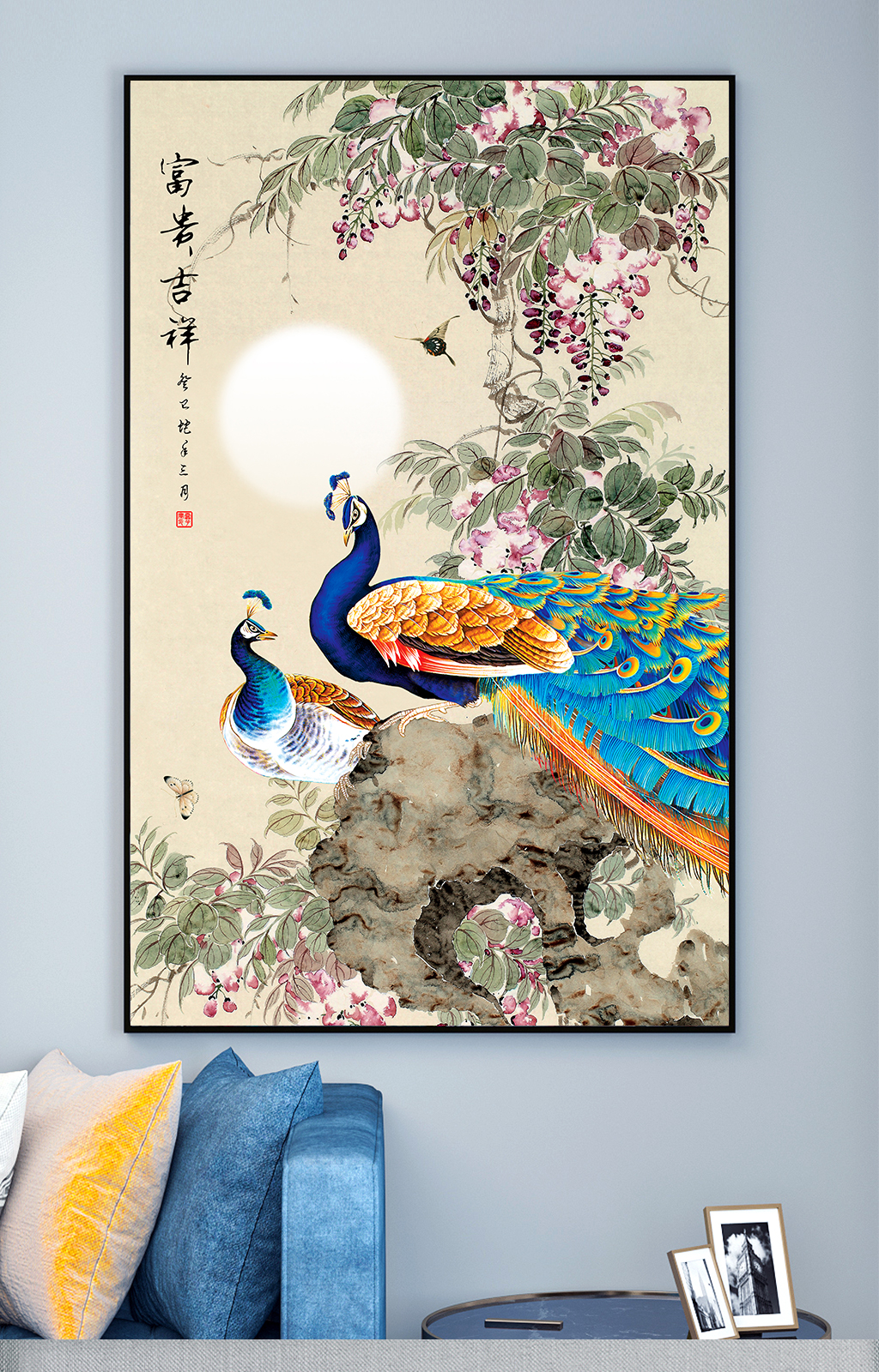 一對彩色孔雀裝飾畫素材