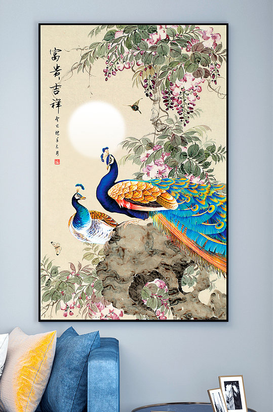 一对彩色孔雀装饰画