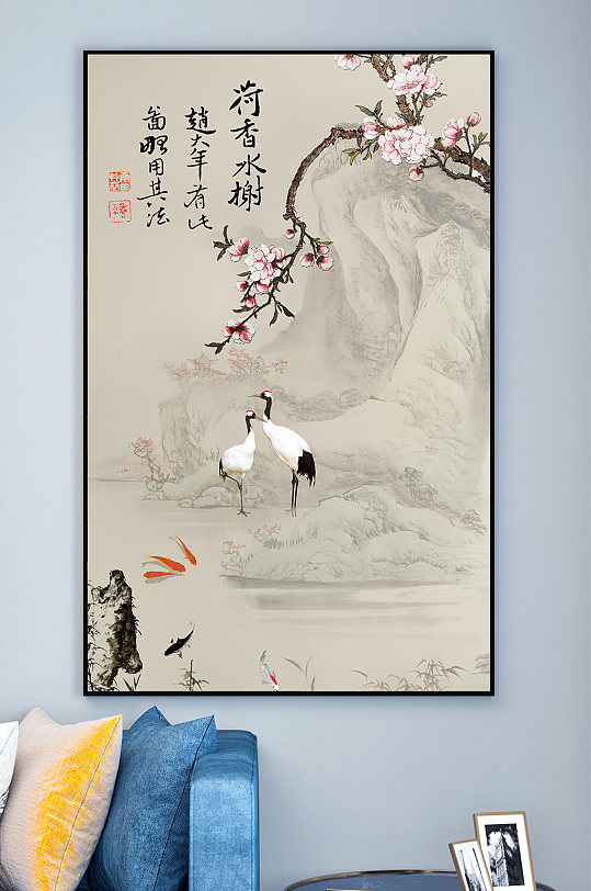 白鹤游鱼梅花装饰画-众图网