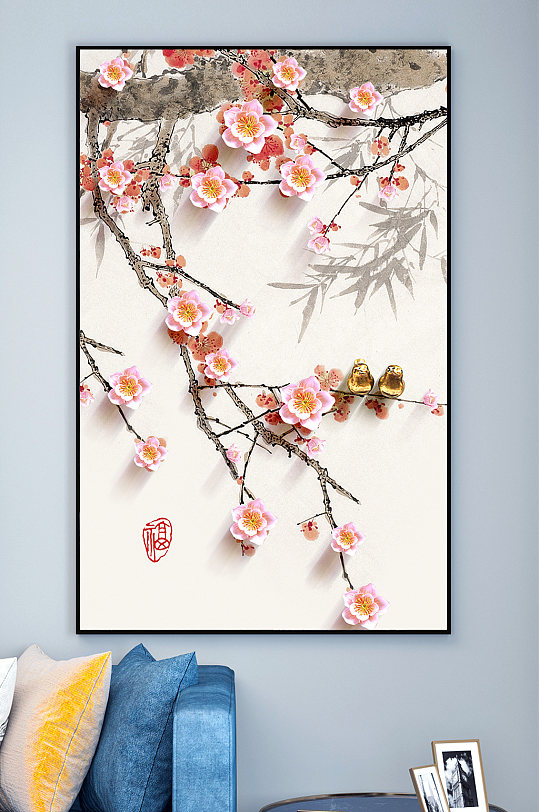 墙角的梅花与鸟儿装饰画-众图网