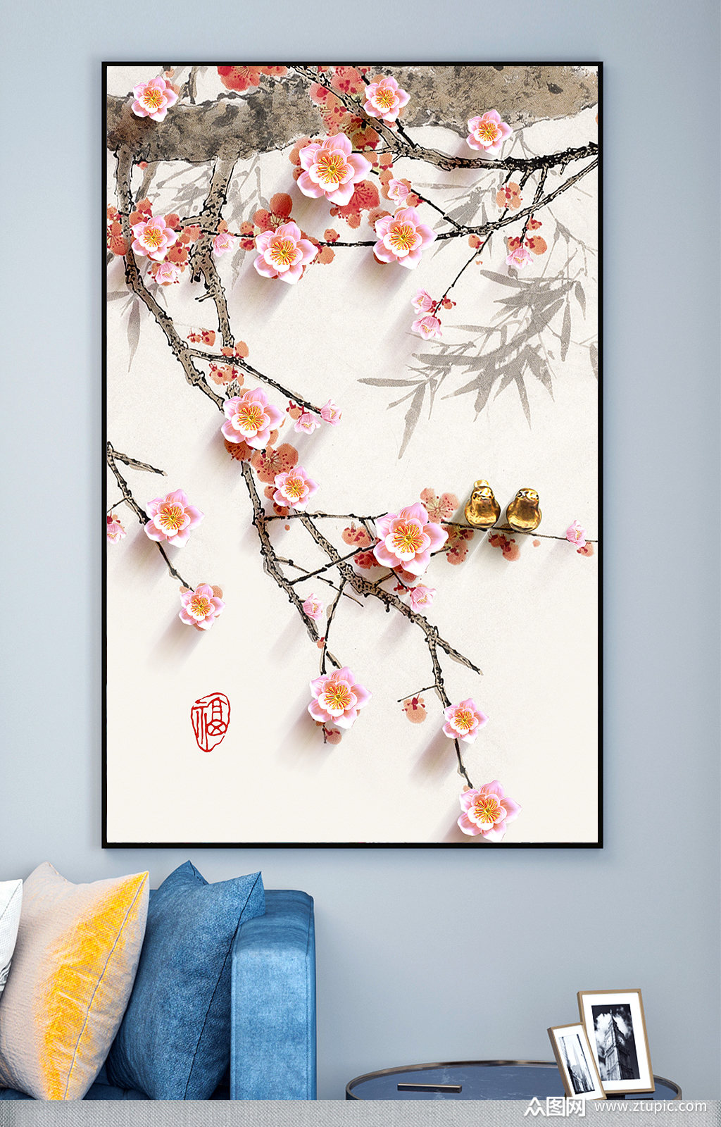 墙角的梅花与鸟儿装饰画