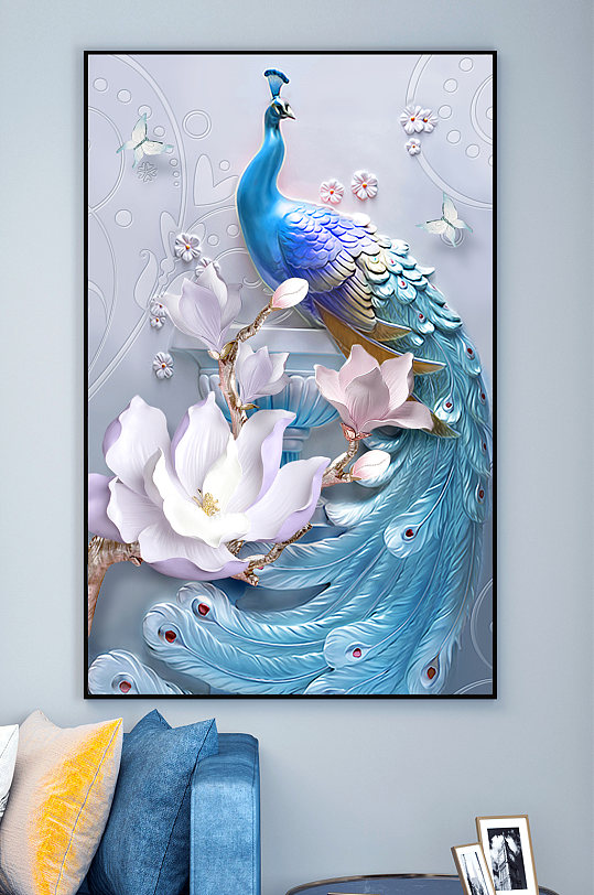 蓝色孔雀与莲花装饰画