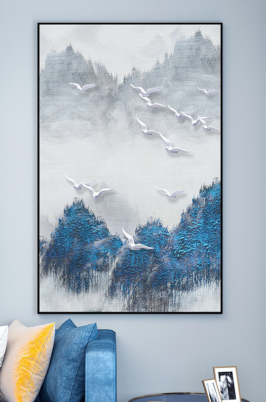 山林飞鸟水墨画装饰画-众图网