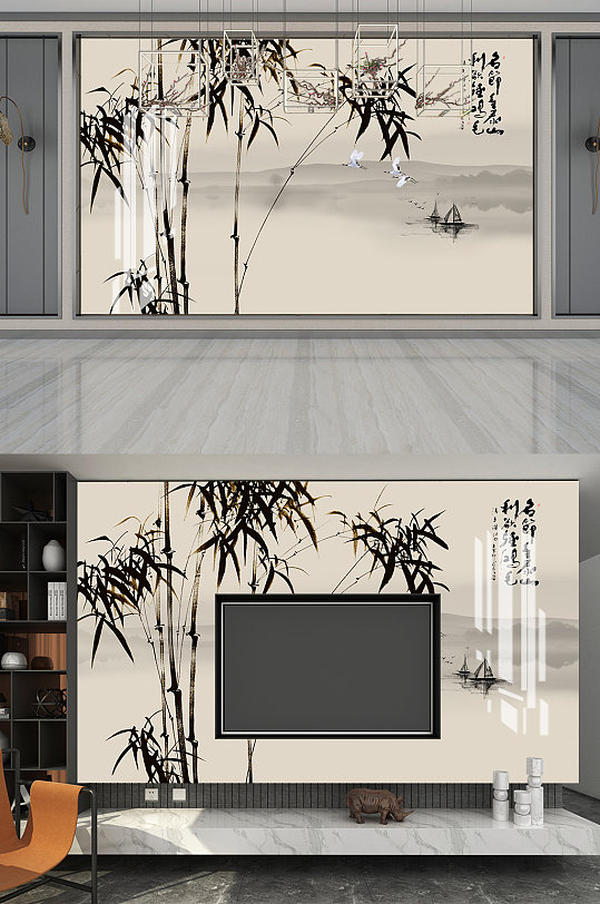 竹子水墨山水背景墙-众图网