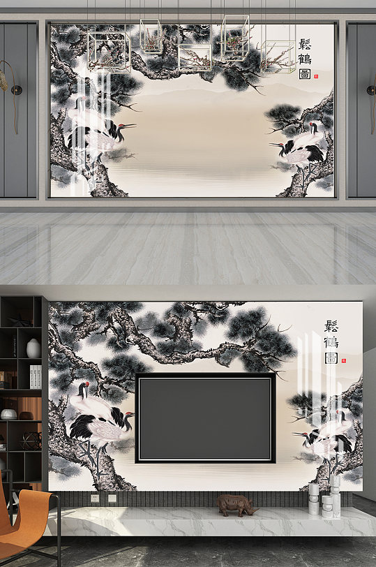 松鹤图水墨山水电视墙-众图网