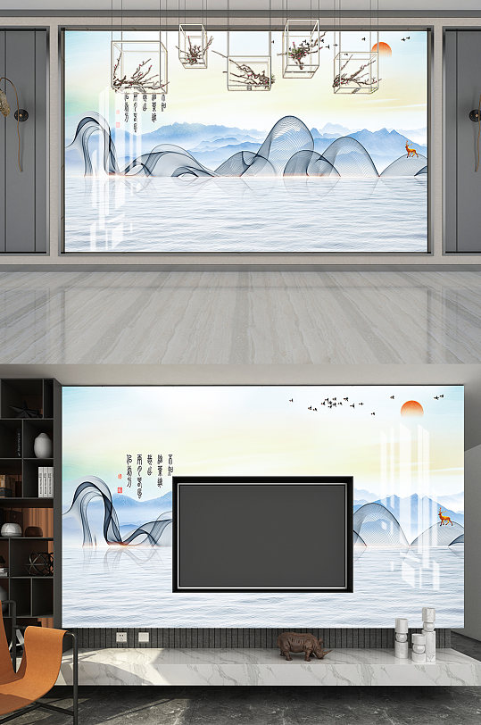 水墨线条山水红日电视墙-众图网