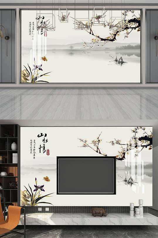鲜花盛开水墨电视墙-众图网