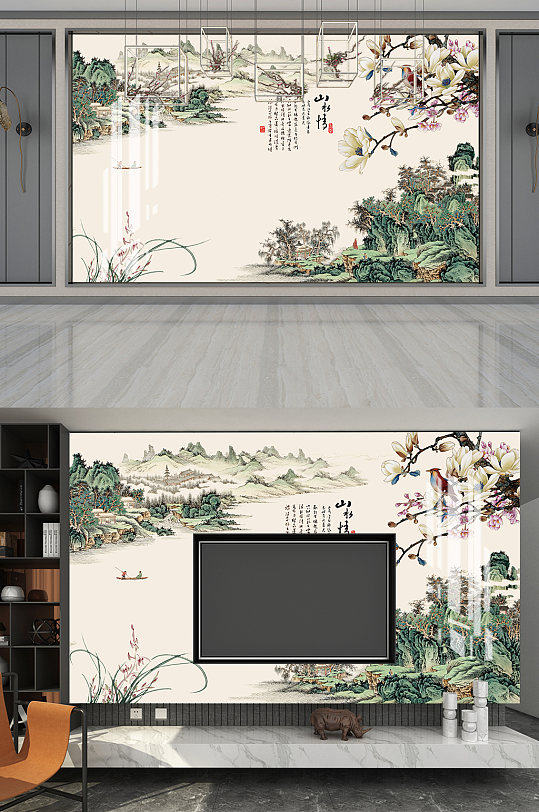 江南盛景水墨电视背景墙-众图网
