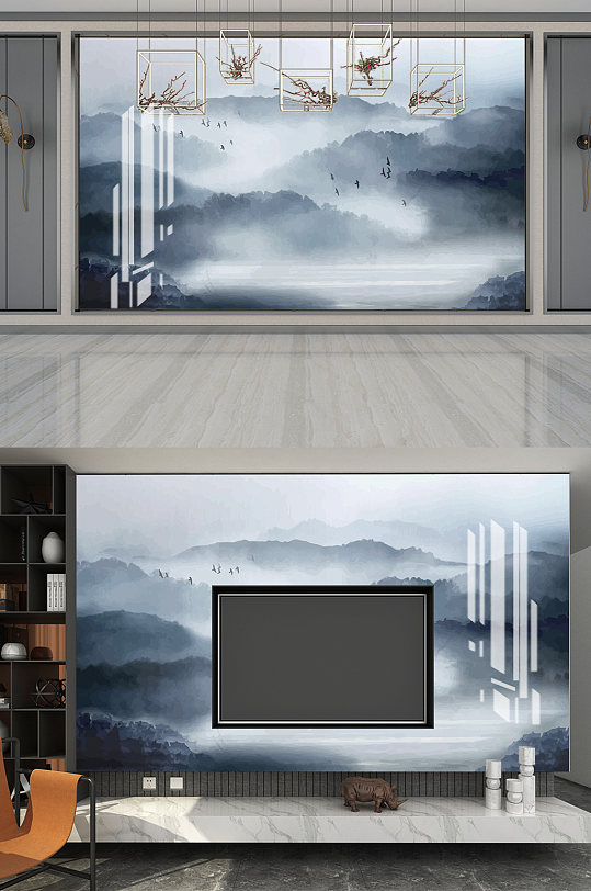 山水雾气水墨电视墙-众图网