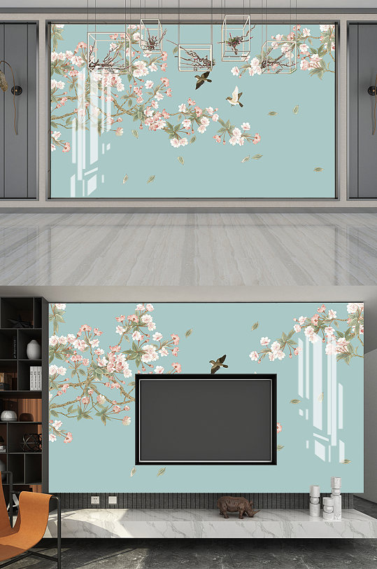 飞鸟与盛开的花电视墙-众图网