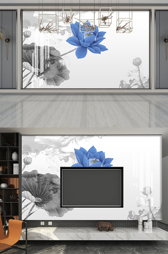 水墨荷塘莲花蓝色莲花-众图网