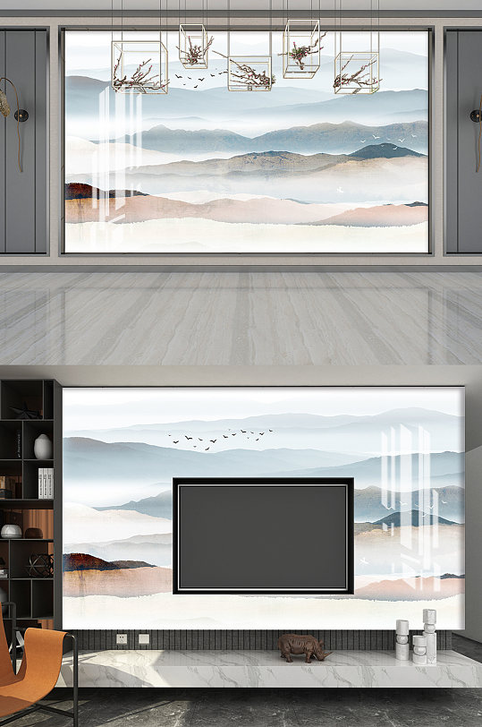 水墨山峦倒影电视背景墙-众图网