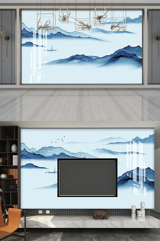 蓝色高山远瞩水墨风景画-众图网