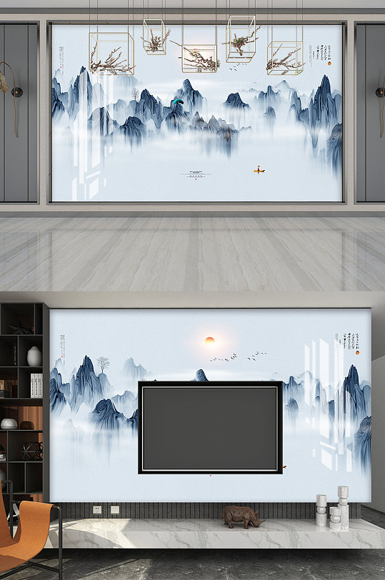 蓝色山水风景游船电视墙-众图网