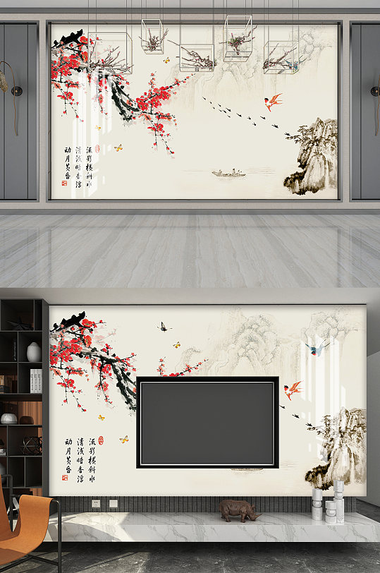 咏梅红色梅花飞鸟电视墙-众图网