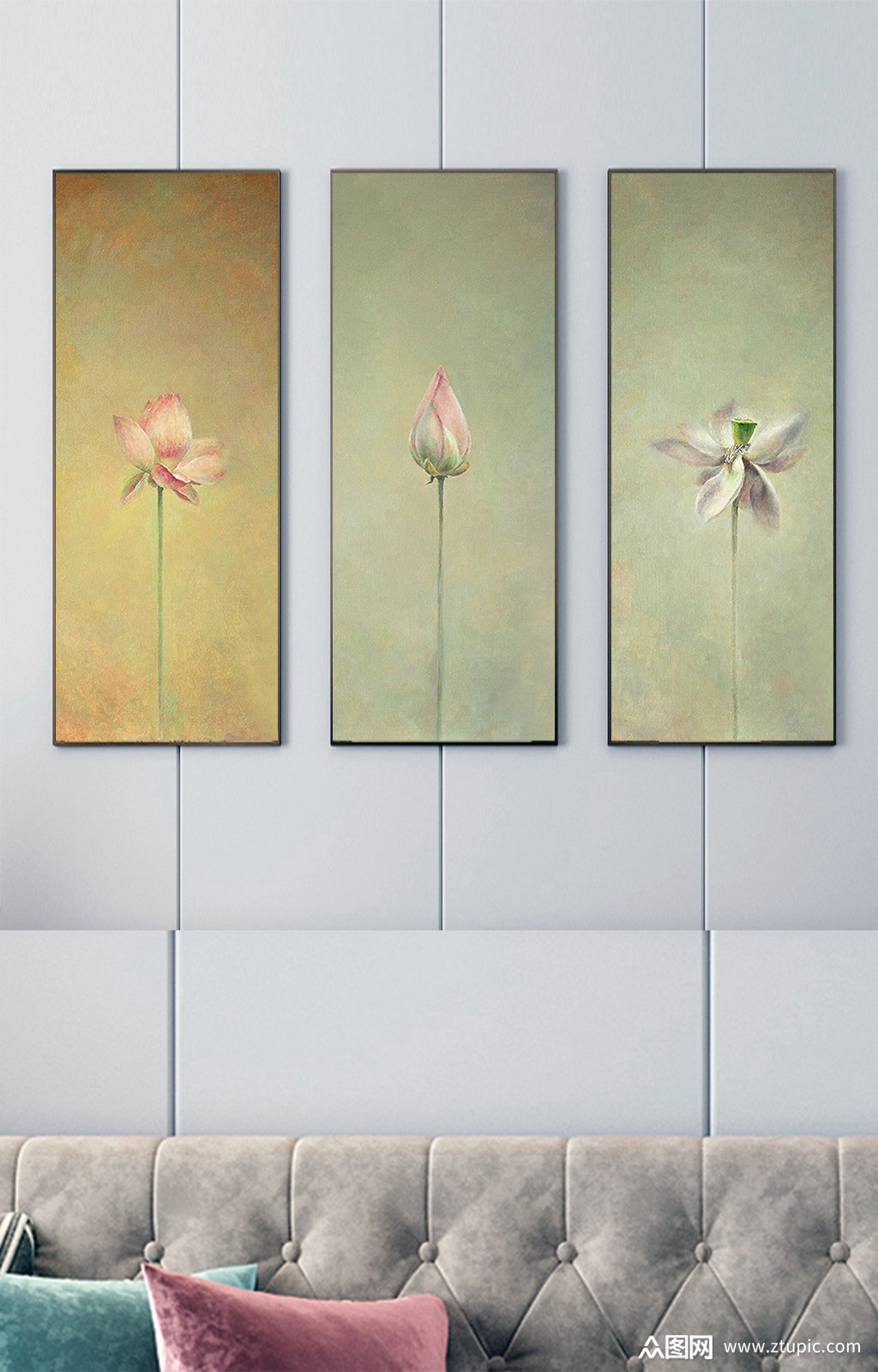 荷花复古三联装饰画素材