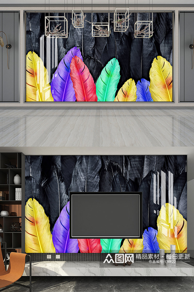 彩色摆放的羽毛电视墙素材