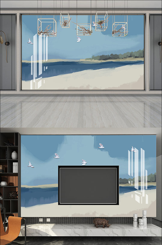 海边风景油画电视背景墙
