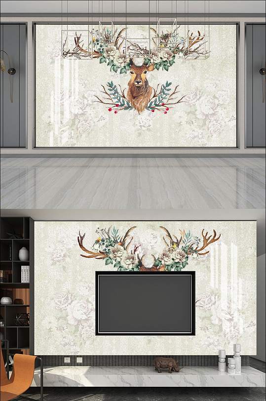 装饰鹿头电视背景墙-众图网