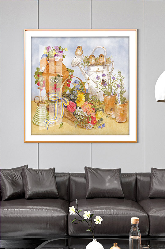 水彩装饰画花洒上的小鸟