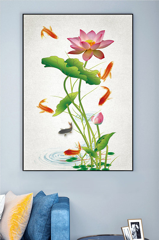 竖条锦鲤荷花装饰画-众图网