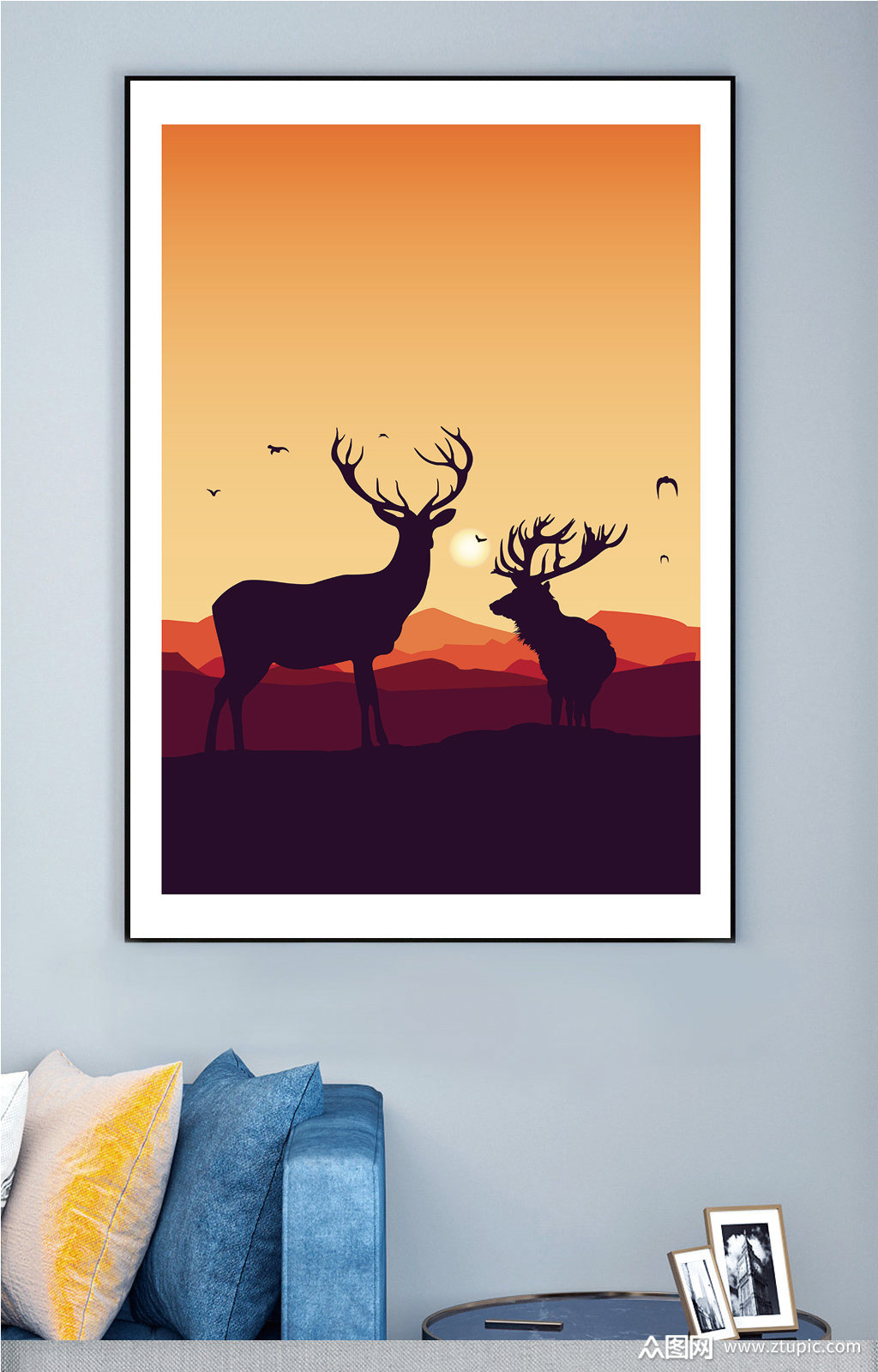 落日羚羊剪影装饰画