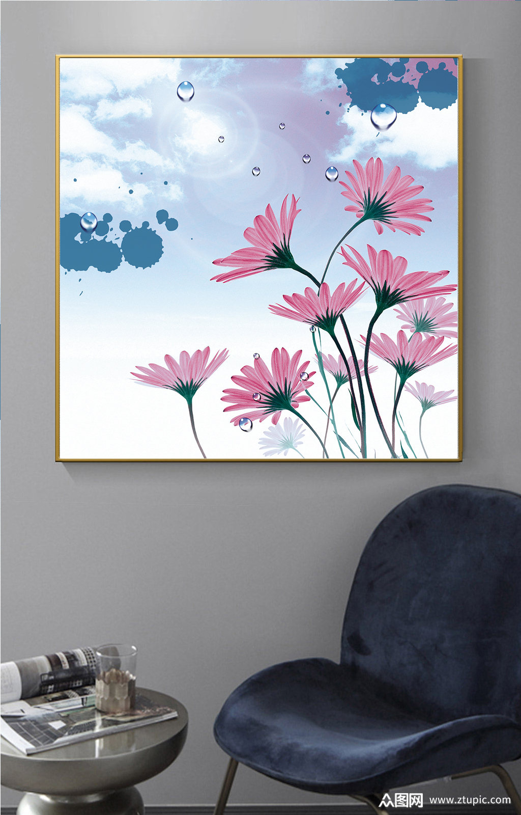 现代唯美格桑花风景装饰画素材