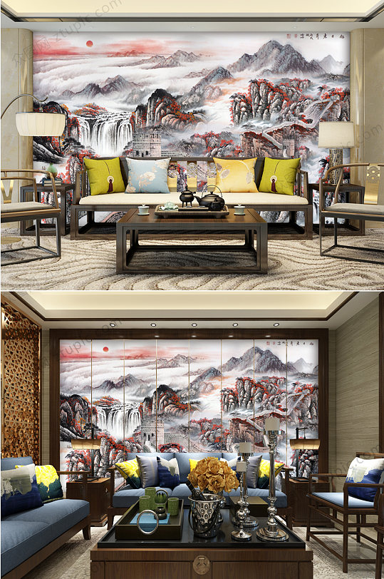 复古水墨高山电视墙-众图网