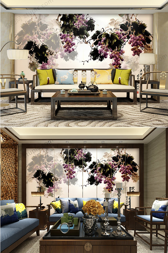 葡萄藤书画高端电视墙-众图网