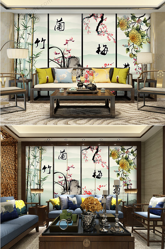 梅兰竹菊书画电视墙-众图网