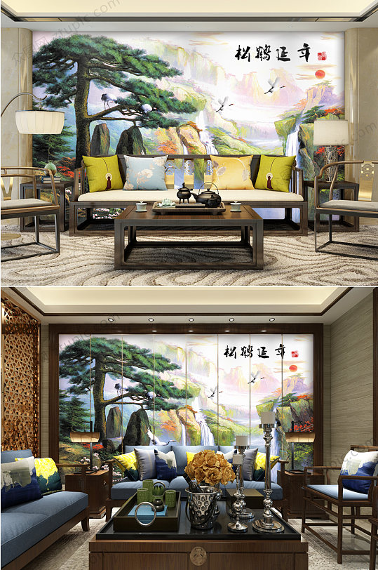 松鹤延年迎客松电视墙-众图网