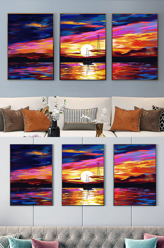 夕阳西下油画三联装饰画