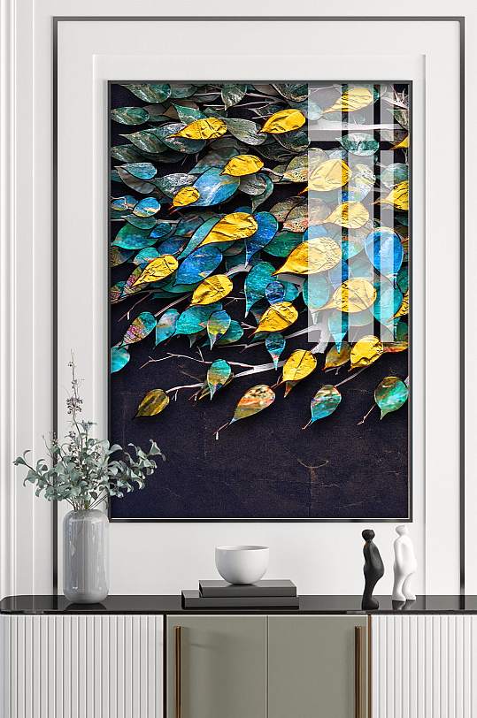 蝌蚪一样的彩色树叶装饰画