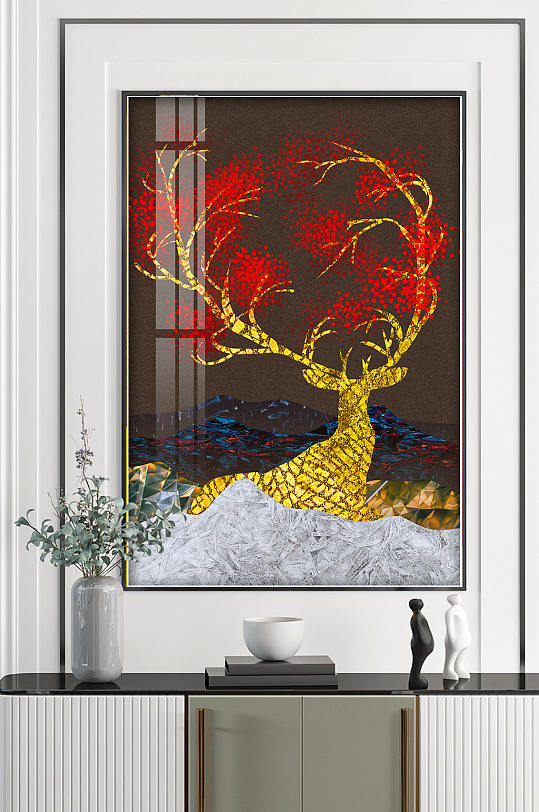 金色麋鹿红色鹿角装饰画