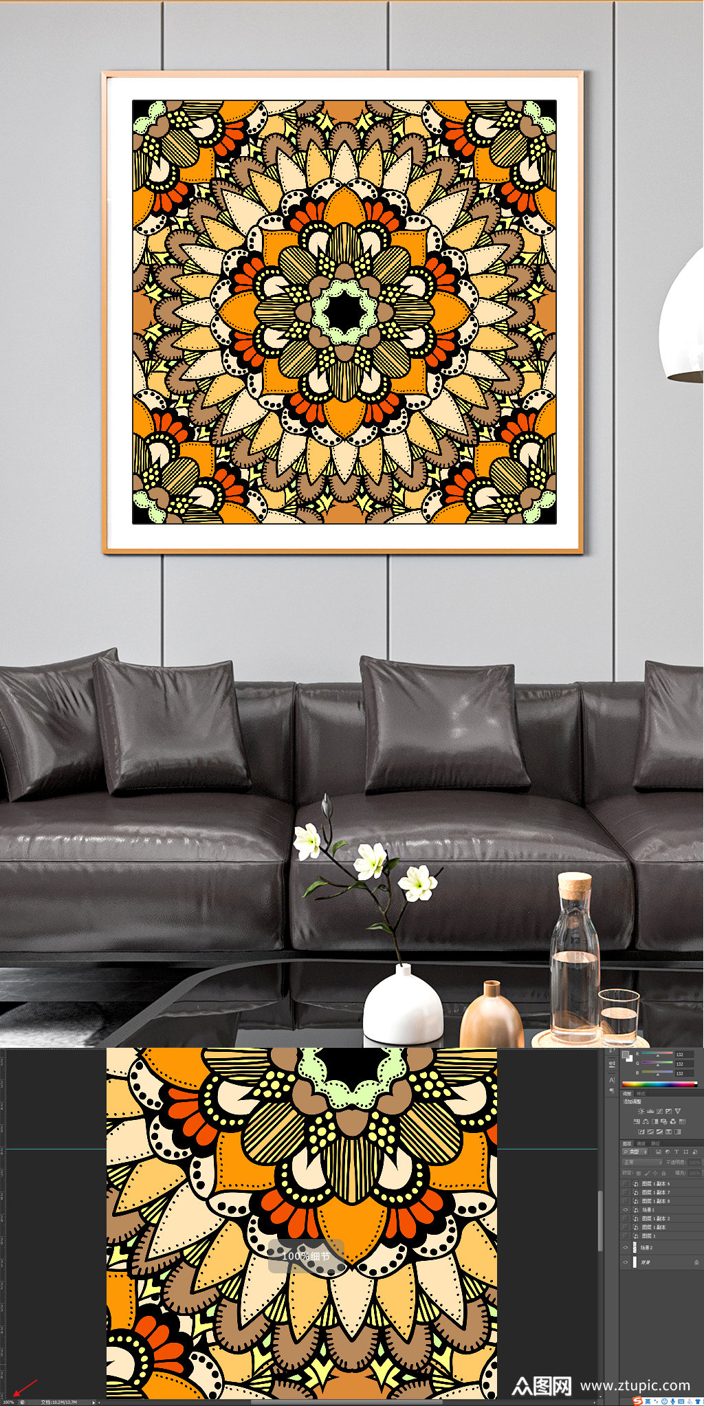 圆形花纹高端装饰画花团