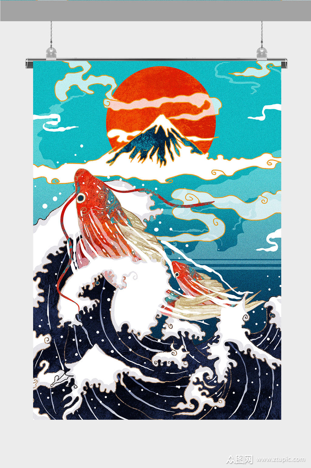 浮世绘插画锦鲤红插画