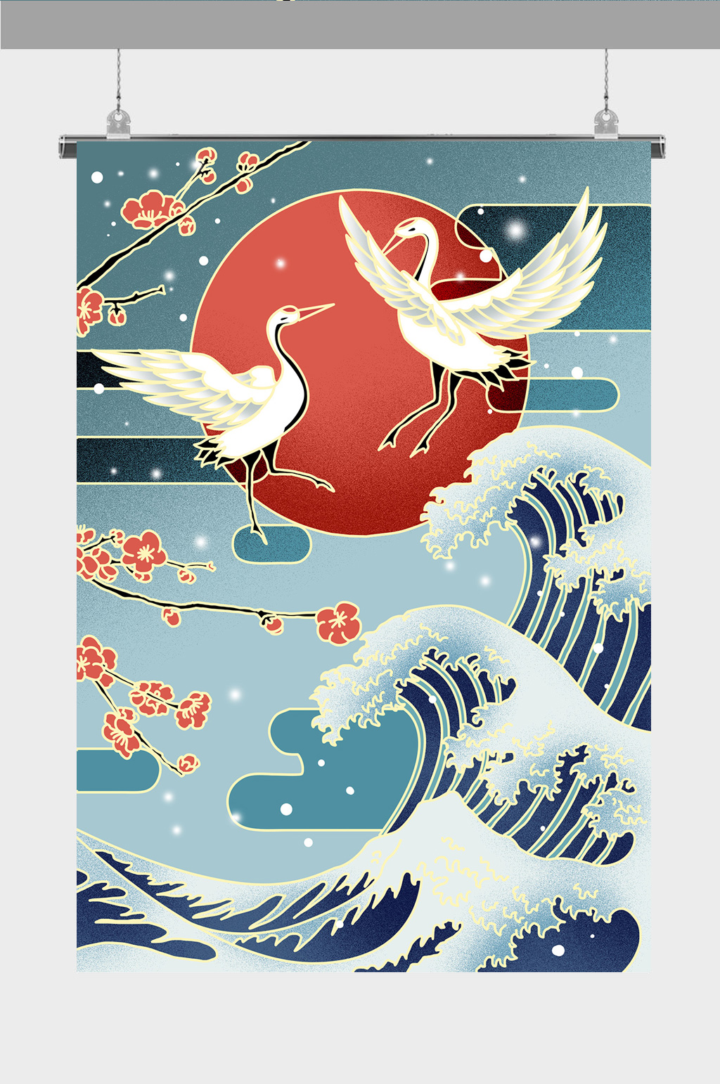 浮世绘插画浅蓝背景素材