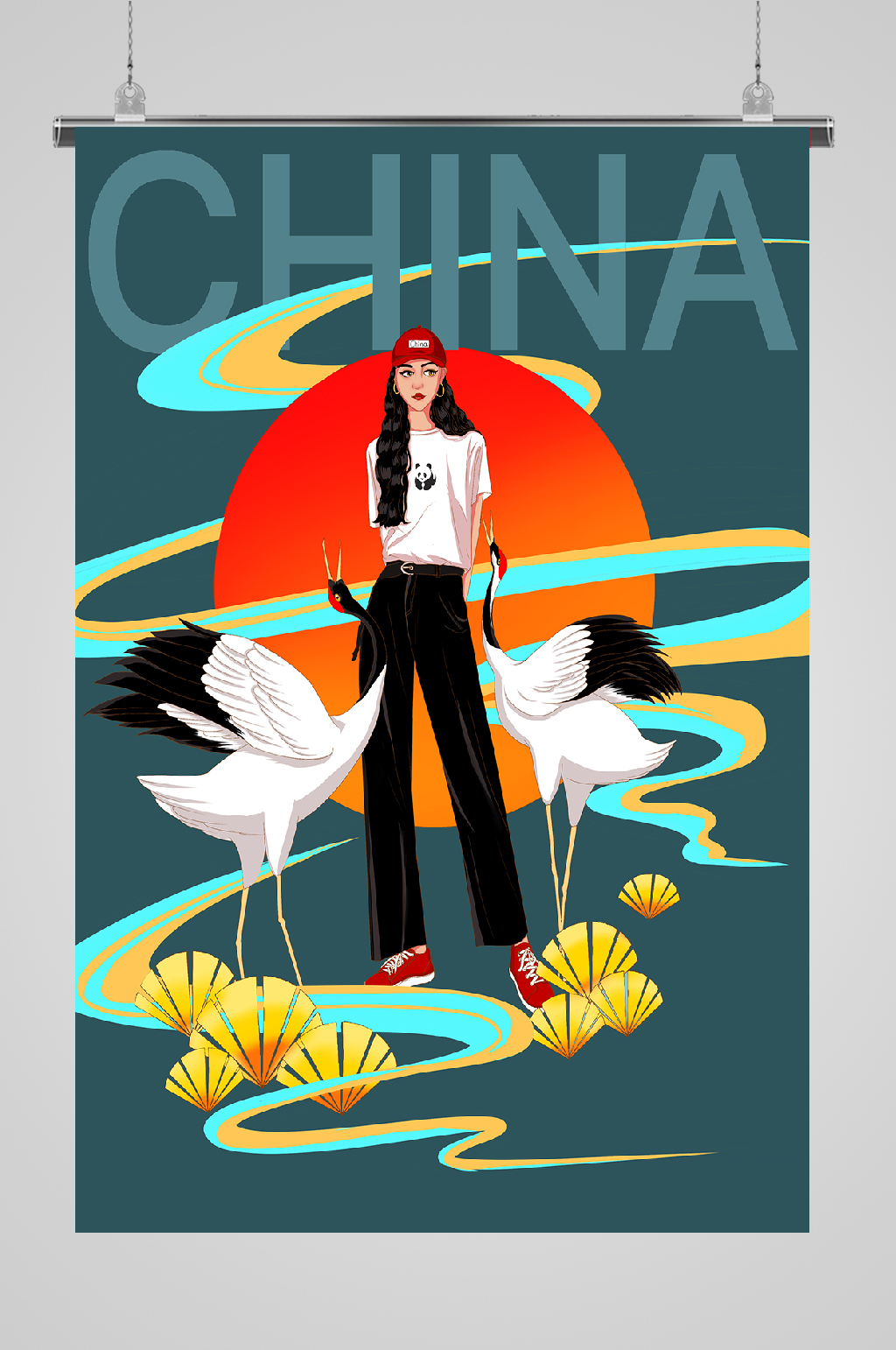 国潮人物插画仙鹤美人素材