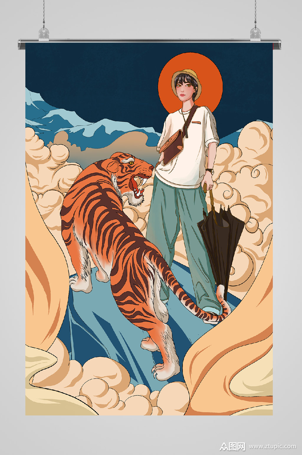 国潮人物插画虎啸山林素材