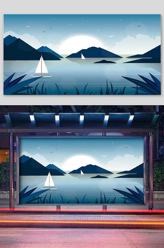 风景画矢量个性插画湖泊帆船