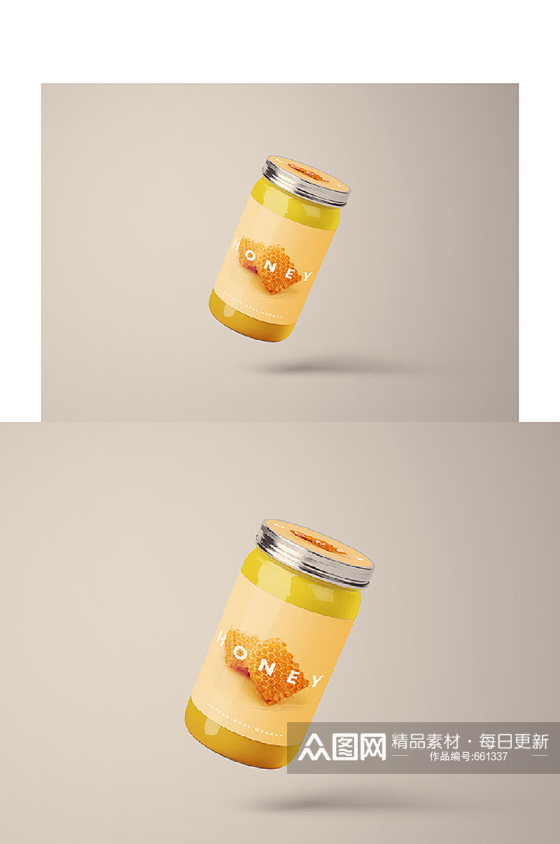 高档蜂蜜玻璃罐头漂浮的罐头包装罐子样机素材