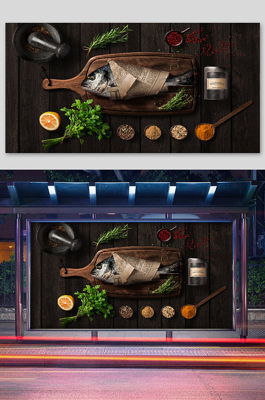 食物食材餐饮餐厅设计砧板与鱼