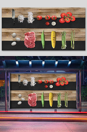 食材摆放装饰海报牛肉西红柿