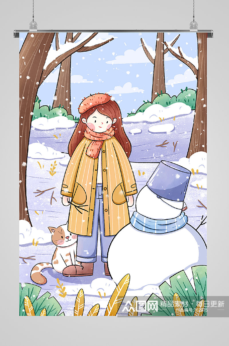立冬节气雪人小猫与女孩宣传插画素材