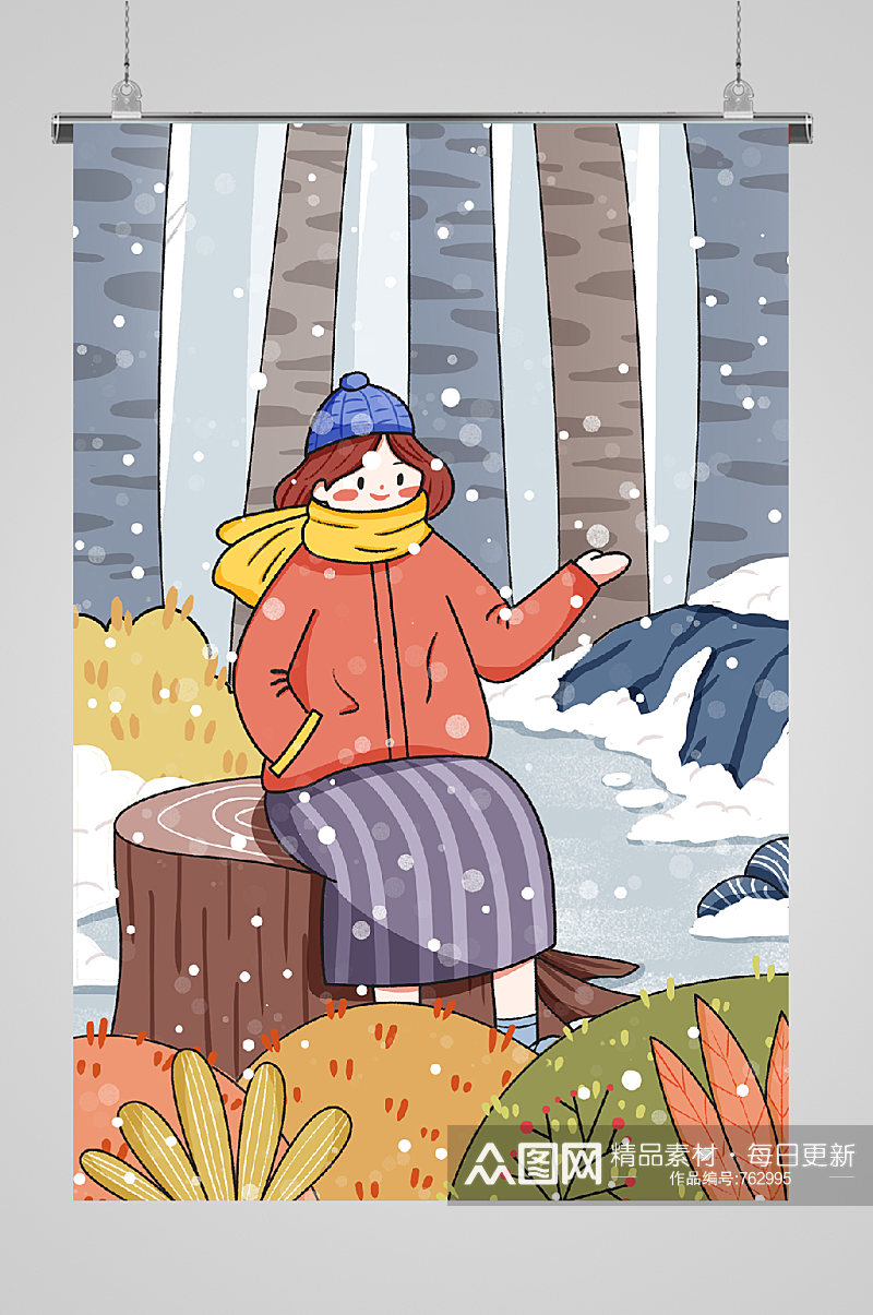 立冬节气下雪天里的女孩宣传插画素材