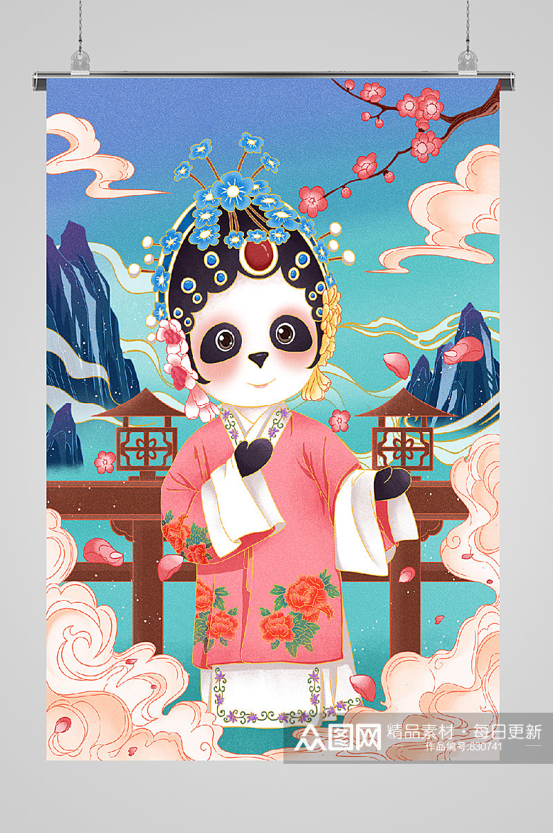 国潮人物熊猫戏服宣传插画素材