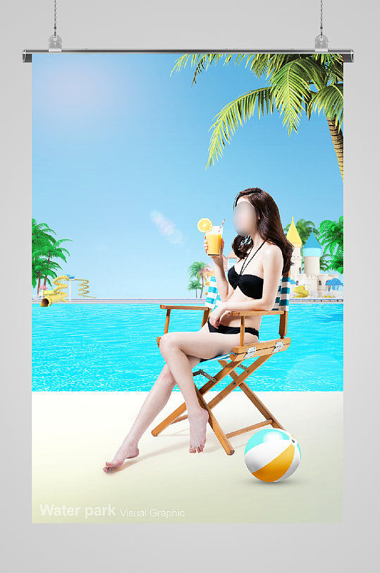 夏日美人海滩游玩宣传海报