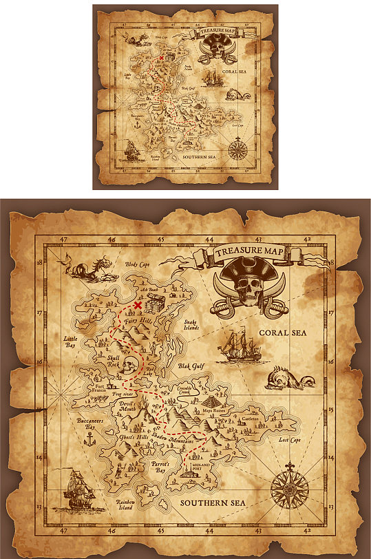 复古纸质藏宝图设计矢量素材